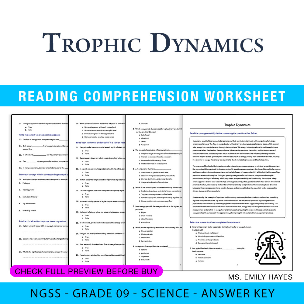 Grade 9 Science — worksheet — 9th Grade Science | Trophic Dynamics Worksheet (PDF+ Answer Key) — page 1