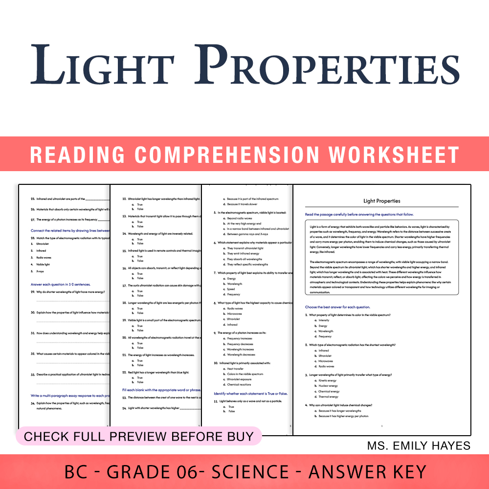 Grade 6 Science worksheet worksheet — 6th Grade Science | Light Properties Worksheet (PDF+ Answer Key) — page 1