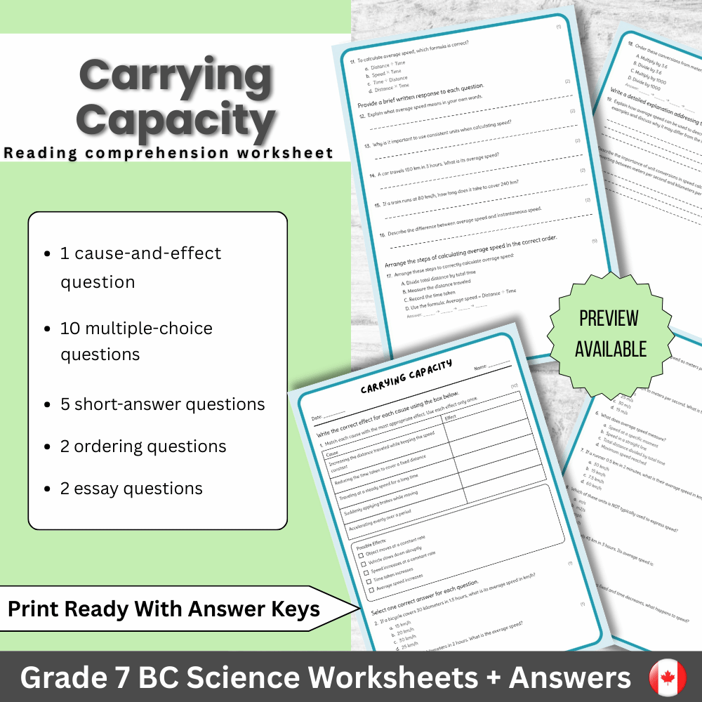 Grade 7 Science science 1 worksheet — Grade 7 Science | Carrying Capacity Worksheet (PDF) for BC Standards