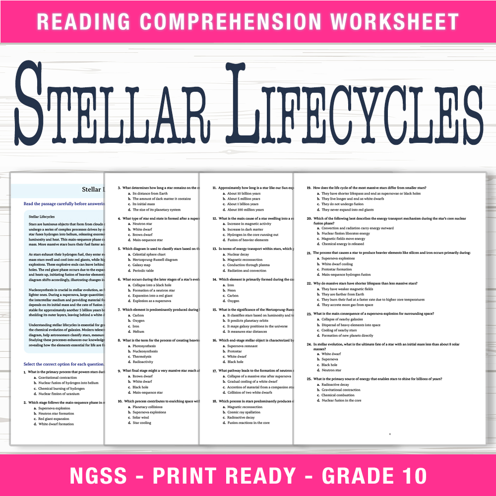 Grade 10 Science worksheet worksheet — Grade 10 Science | Stellar Lifecycles Worksheet (PDF + Answer Key) — page 1