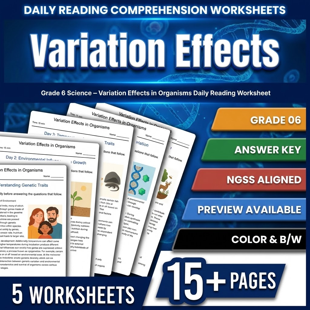 Grade 6 Science daily reading worksheet — Grade 6 Science – Variation Effects in Organisms Daily Reading Worksheet