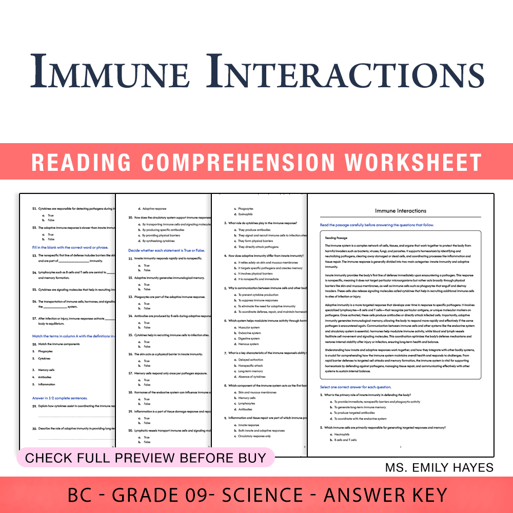 Grade 9 Science worksheet worksheet — Grade 9 Science | Immune Interactions Worksheet (PDF+ Answer Key) — page 1