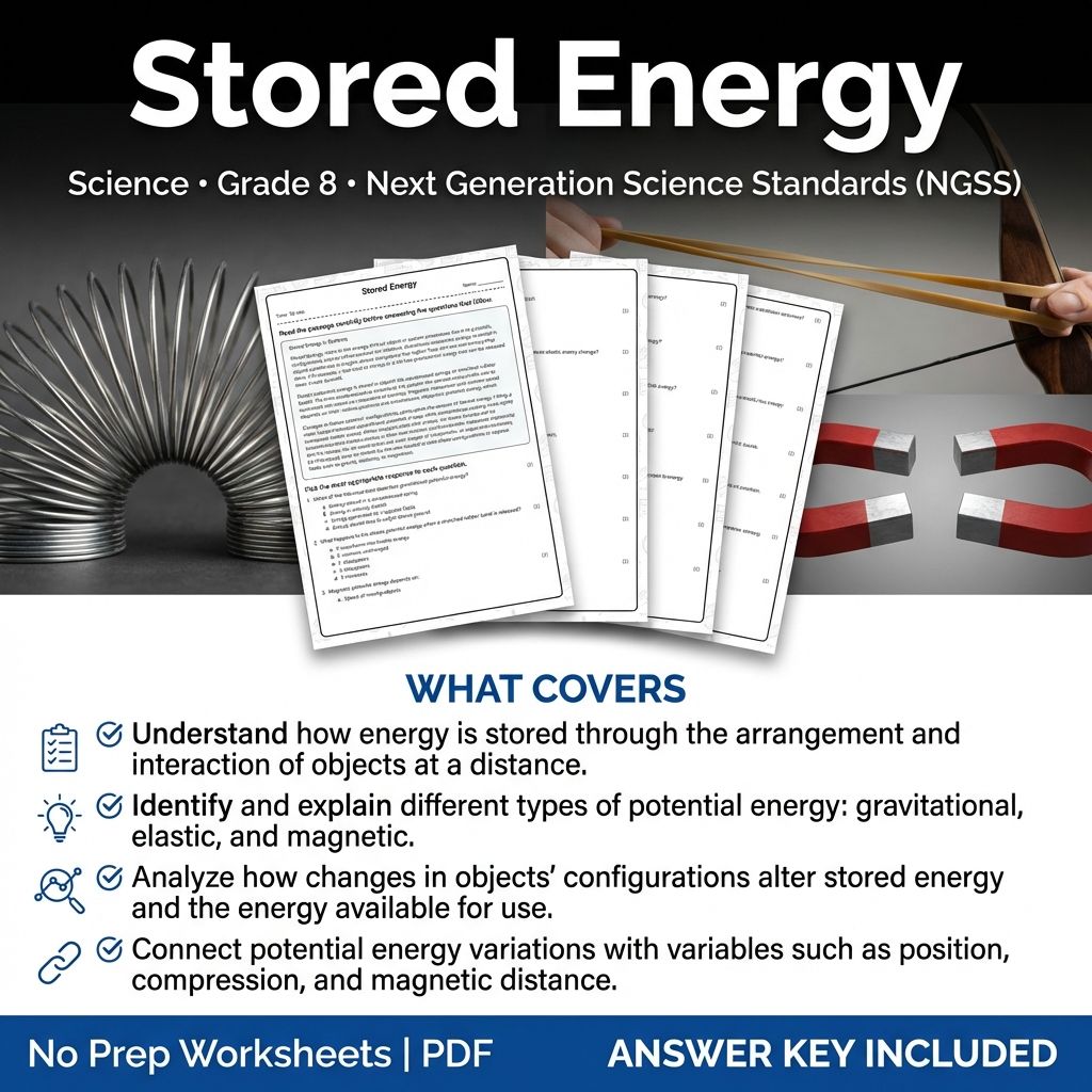 Grade 8 Science | Stored Energy Worksheet & Answer Key (Printable PDF)