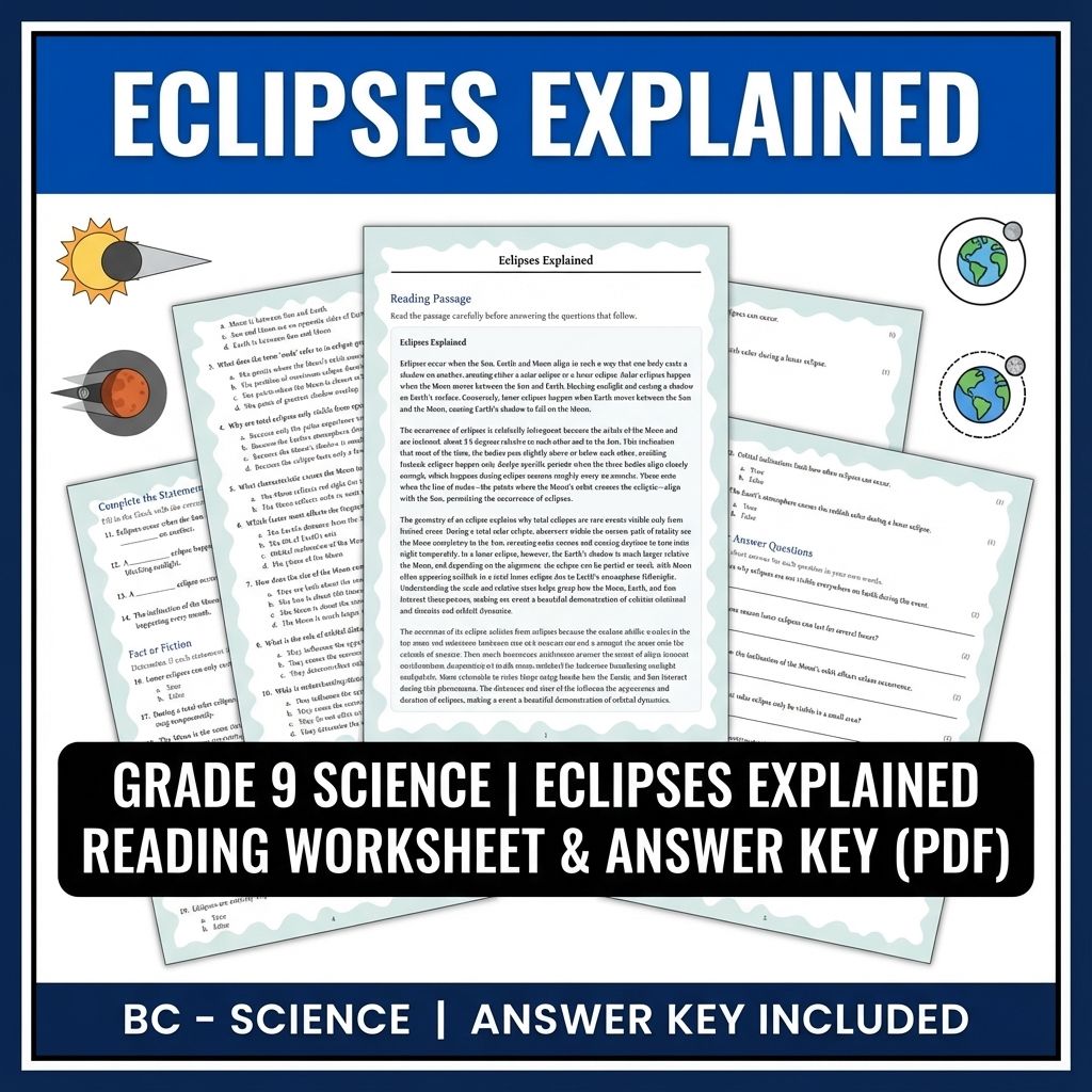 Grade 9 Science | Eclipses Explained Reading Worksheet & Answer Key (PDF)
