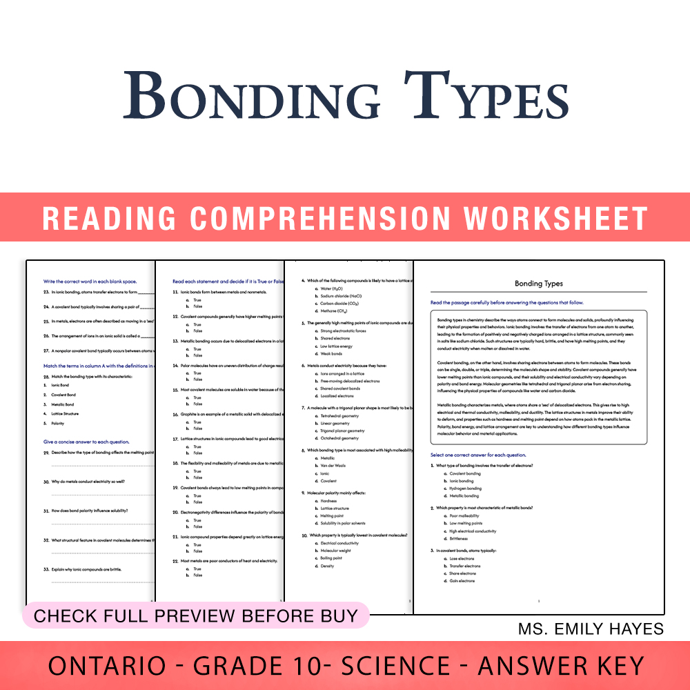 Grade 10 Science worksheet worksheet — Grade 10 Science | Bonding Types Worksheet (PDF + Answer Key) — page 1