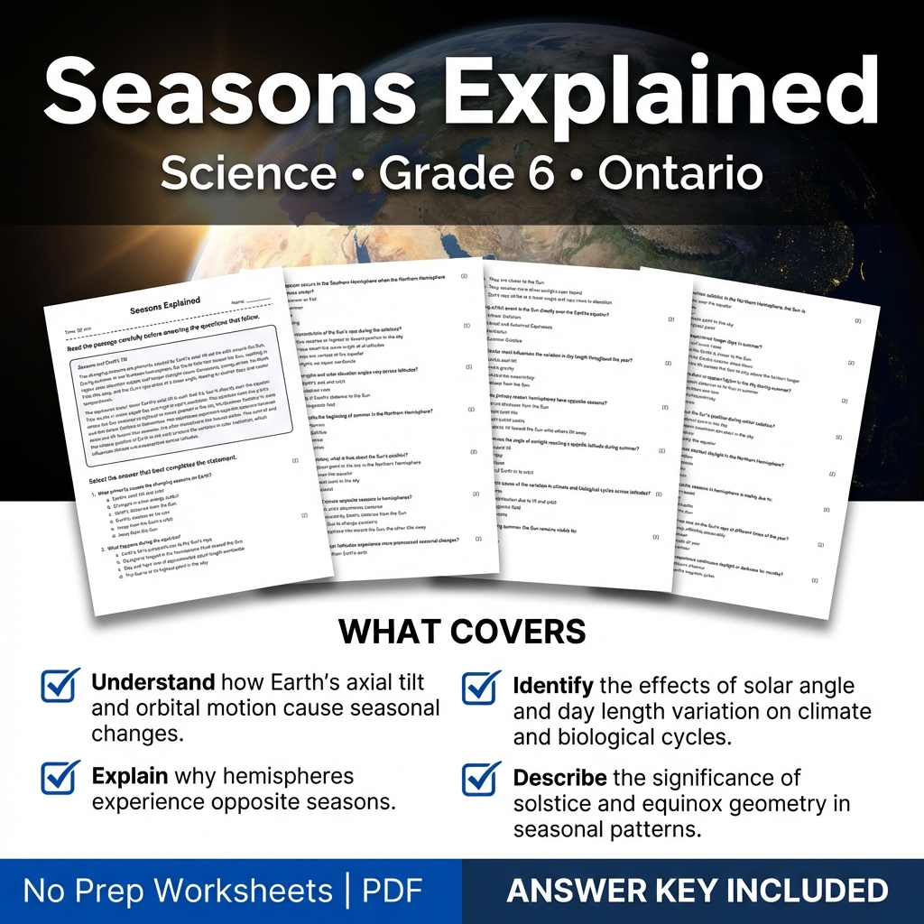 Seasons Explained Science Worksheet for Grade 6 | Ontario Standards