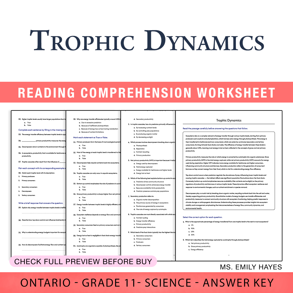 Grade 11 Science worksheet worksheet — 11th Grade Science | Trophic Dynamics Worksheet (PDF + Answer Key) — page 1