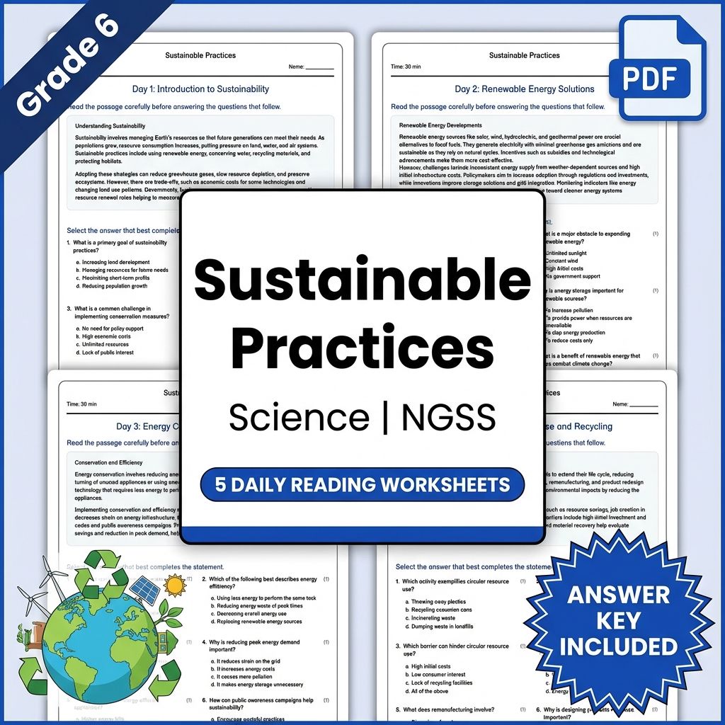 6th Grade Science | Sustainable Practices Reading Worksheet (PDF+ Answer Key)