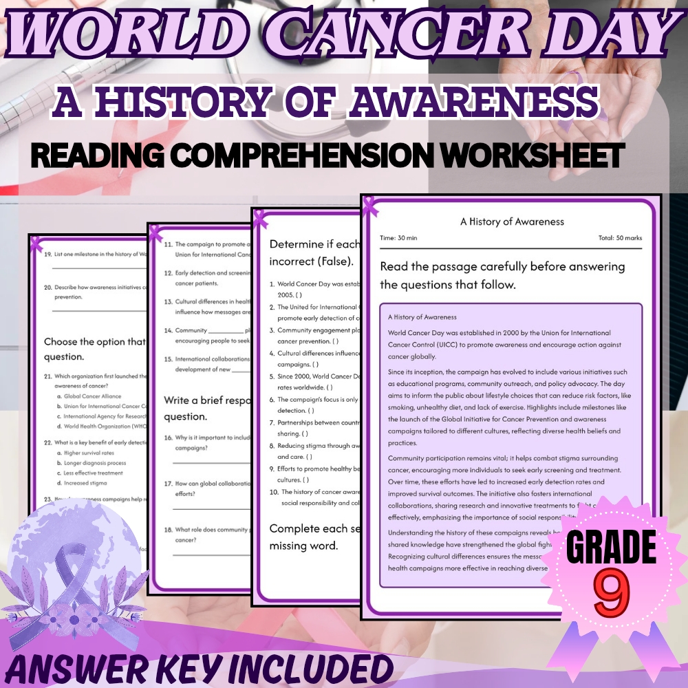 Grade 9 |  World Cancer Day Worksheet for Mastering Awareness | PDF + Answer Key