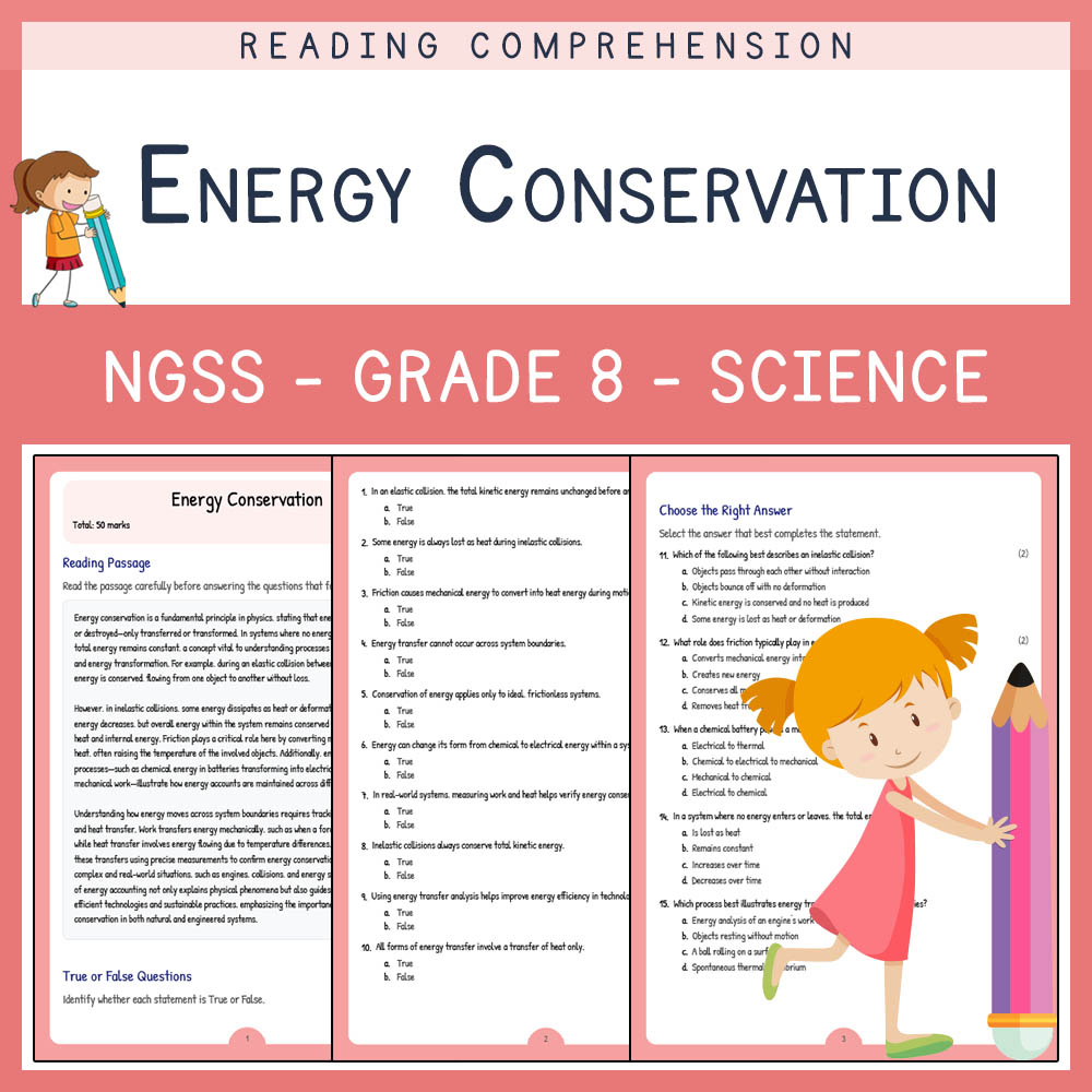 Grade 8 Science worksheet worksheet — Grade 8 Science | Energy Conservation Worksheet (Answer Key) – NGSS Aligned — page 1