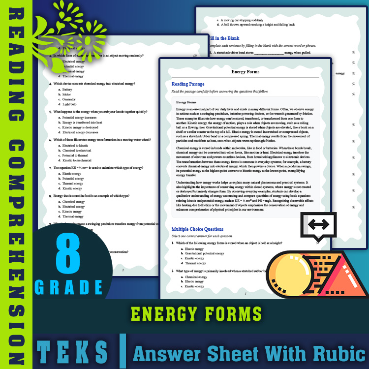 Grade 8 Science reading worksheets worksheet — Grade 8 Science | Energy Forms Reading Worksheet (PDF + Answer Key) — page 1