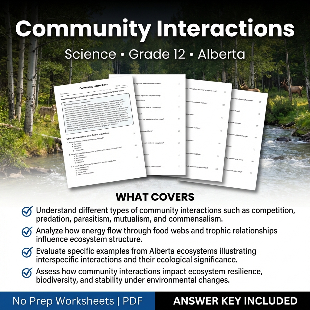 Community Interactions Worksheet for Grade 12 Science Alberta Standards