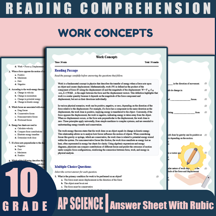 Grade 10 Science reading worksheets worksheet — Grade 10 Science | Work Concepts Reading Worksheets (PDF + Rubric) — page 1