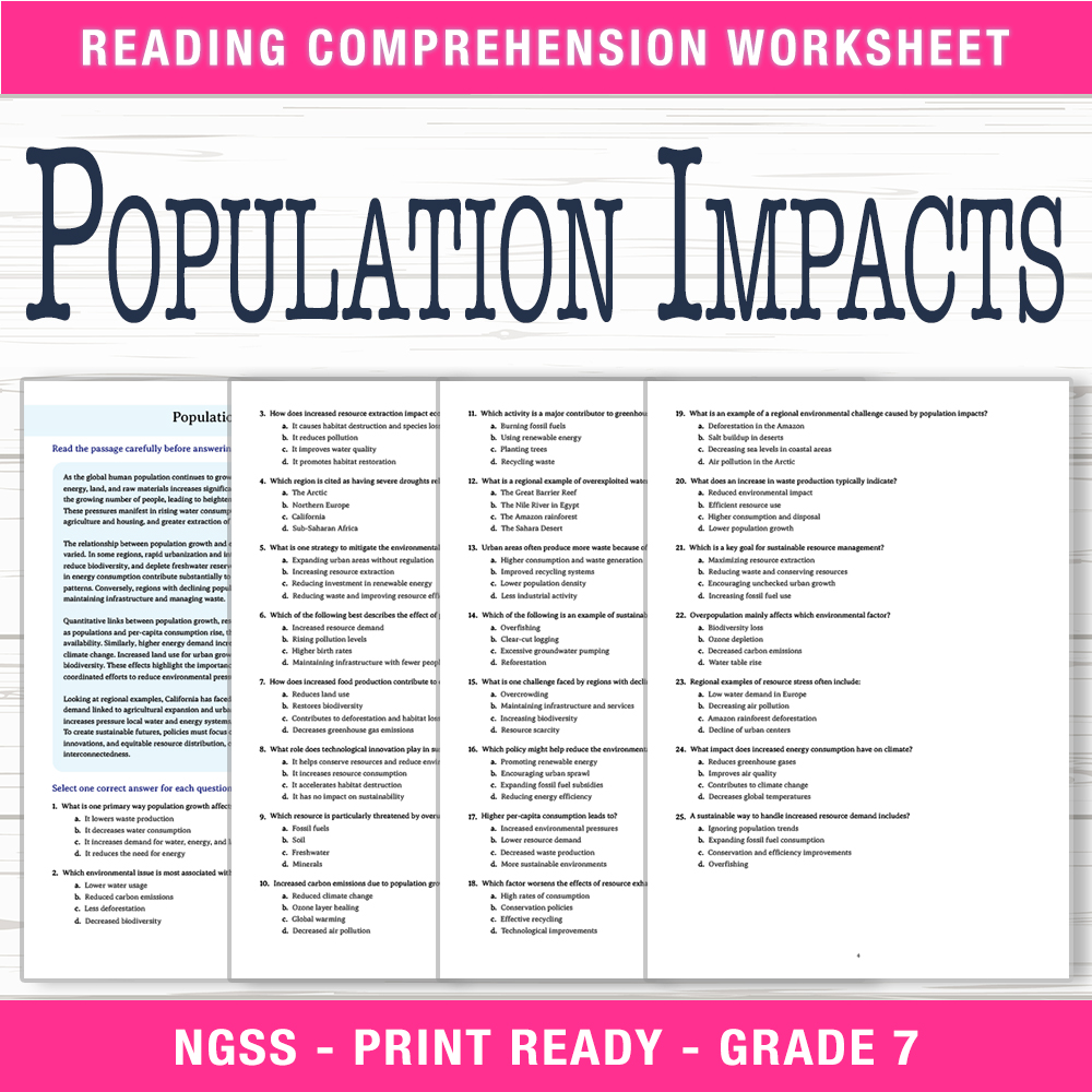 Grade 7 Science worksheet worksheet — Grade 7 Science | Population Impacts Worksheet (PDF + Answer Key) — page 1