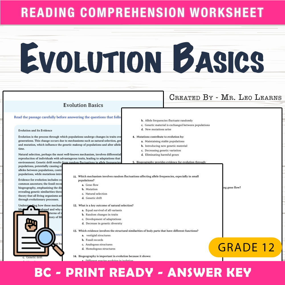 Grade 12 Science worksheet mcq paper worksheet — Grade 12 Science — Worksheet MCQ Paper for Mastering Evolution Basics — p…