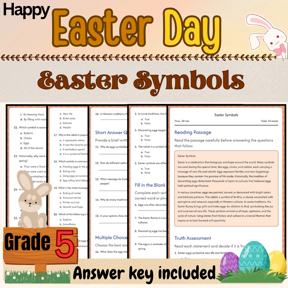 Grade 5 Seasonal Bundle | Easter Symbols & Traditions Worksheets(PDF+Answer Key) — included worksheet 1
