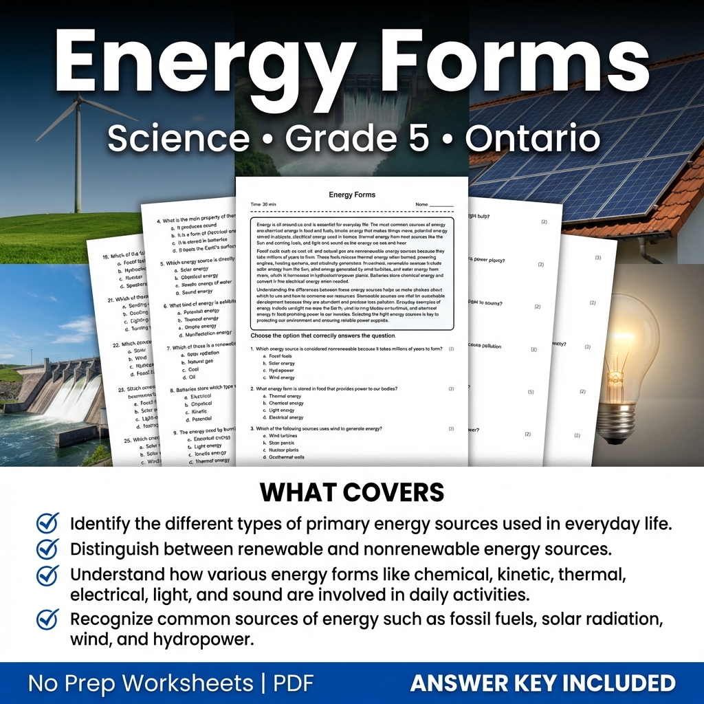 Energy Forms Worksheet for Grade 5 Science Ontario Standards PDF