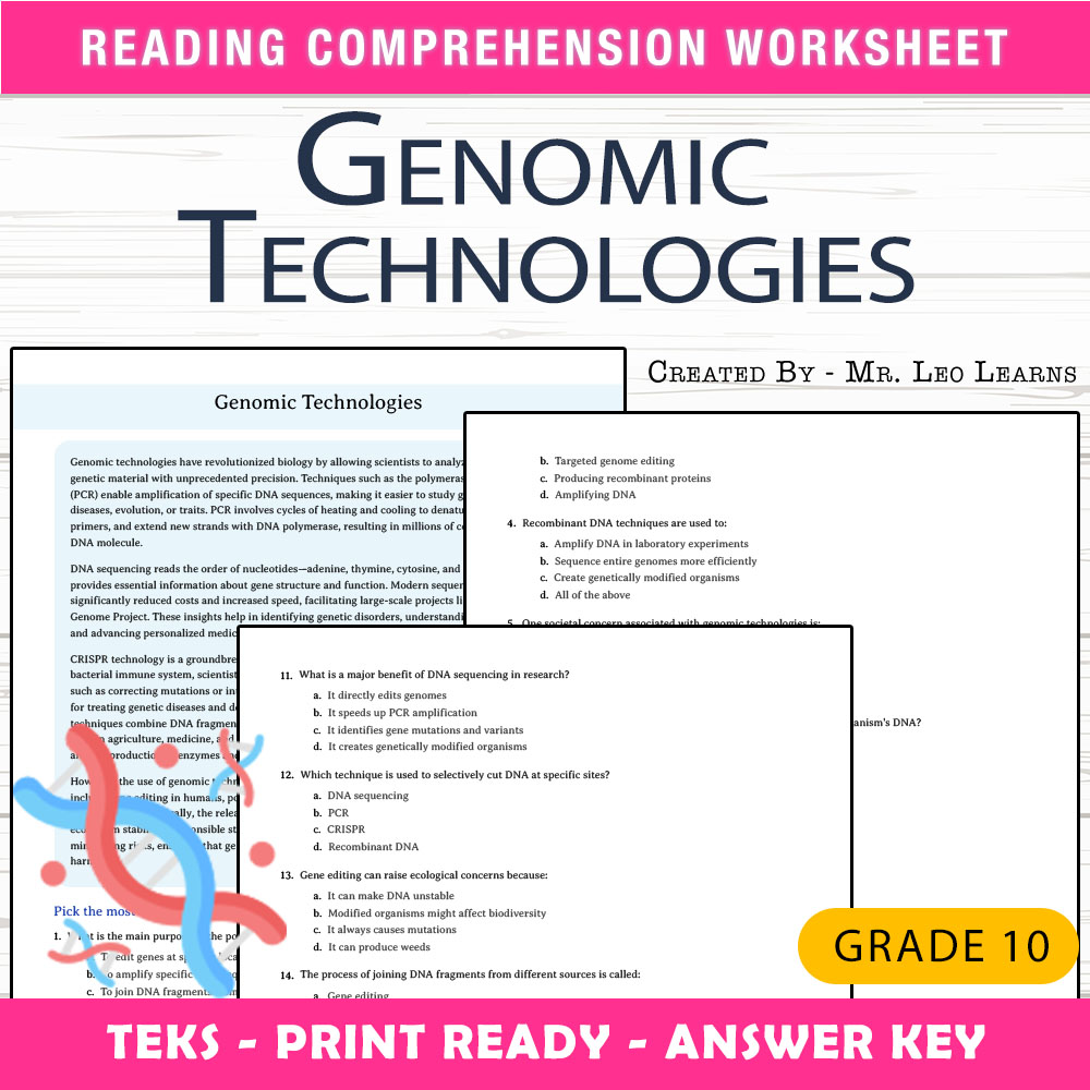 Grade 10 Science worksheet worksheet — Grade 10 Science — Genomic Technologies Worksheet for Mastery — page 1