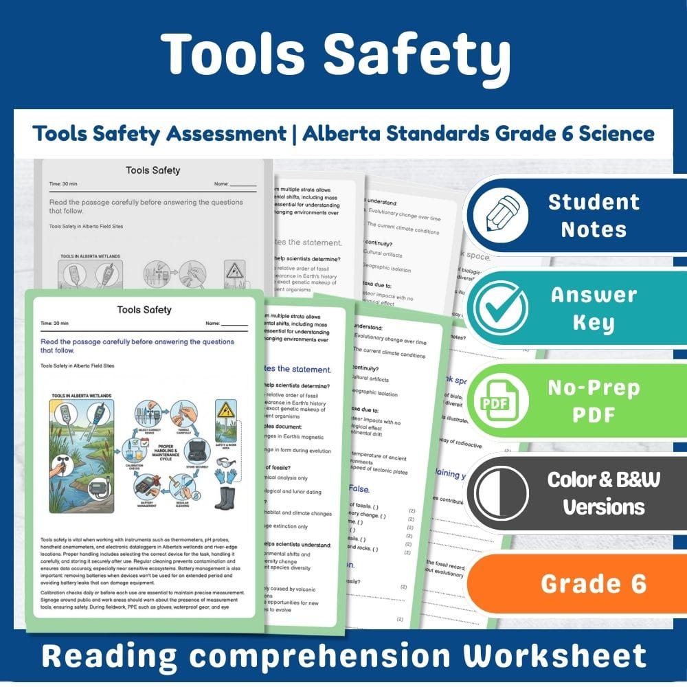 Grade 6 Science assessment worksheet — Tools Safety Assessment | Alberta Standards Grade 6 Science — page 1