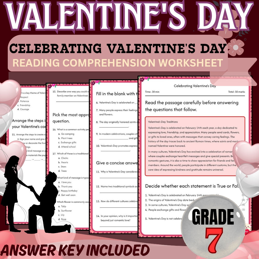 Grade 7 | Valentine Day Worksheet for Mastering Celebrations | PDF + Answer Key