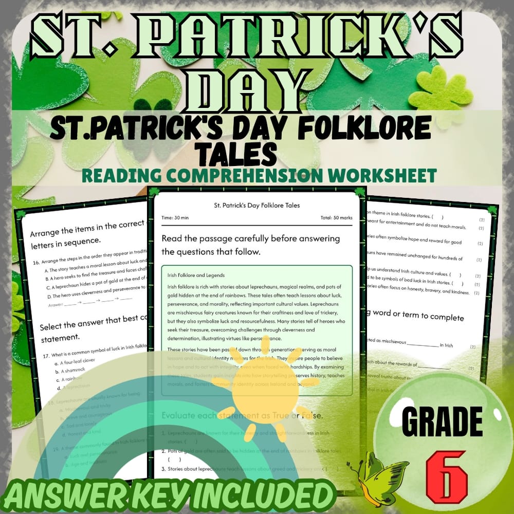 Grade 6 Holiday Worksheets Bundle | St. Patrick's Day Cultural & Traditions — included worksheet 3