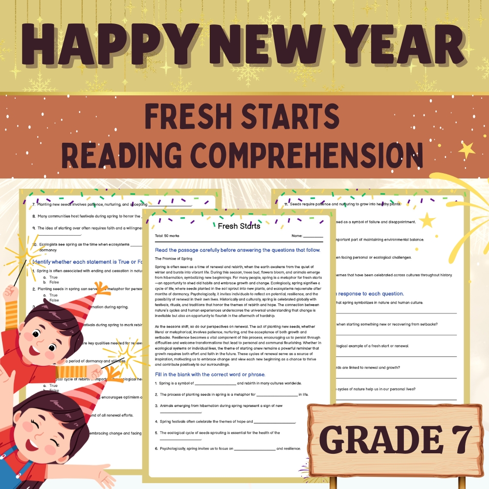 Grade 7 Seasonal - New Year  Worksheet  for Fresh Starts
