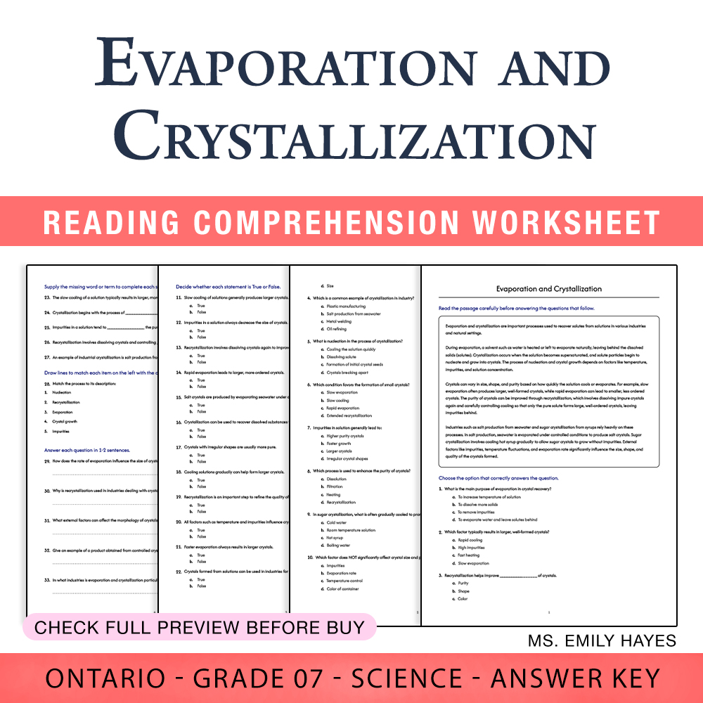 Grade 7 Science worksheet worksheet — 7th Grade Science | Evaporation & Crystallization Worksheet (PDF + Answer Key) — page 1
