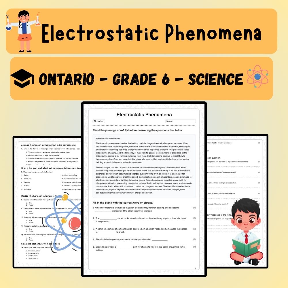 Grade 6 Science worksheet worksheet — 6th Grade Science | Electrostatic Phenomena Worksheet (PDF) — page 1