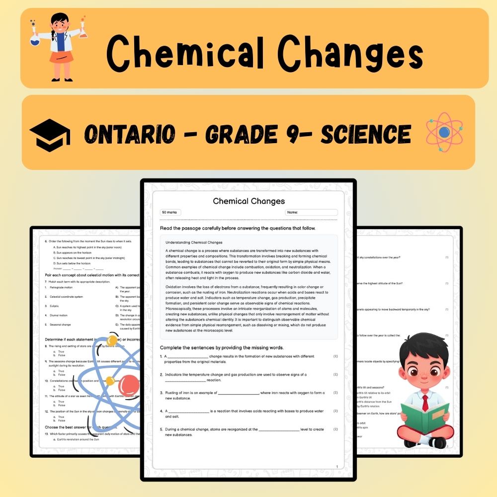 Grade 9 Science worksheet worksheet — Grade 9 Science Worksheets | Chemical Changes & Reactions (PDF) — page 1