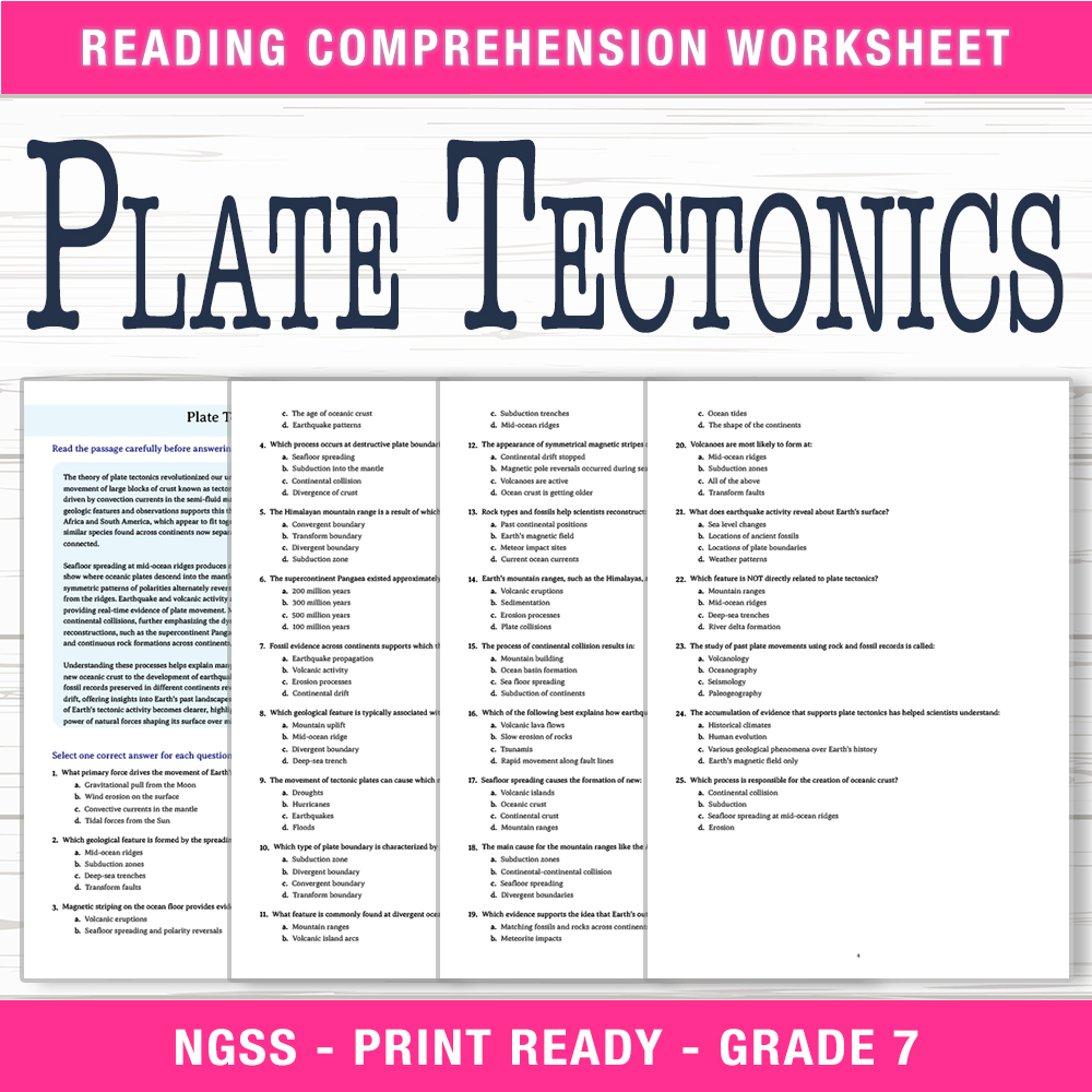Grade 7 Science worksheet worksheet — Grade 7 Science | Plate Tectonics Worksheets (PDF + Answer Key) — page 1