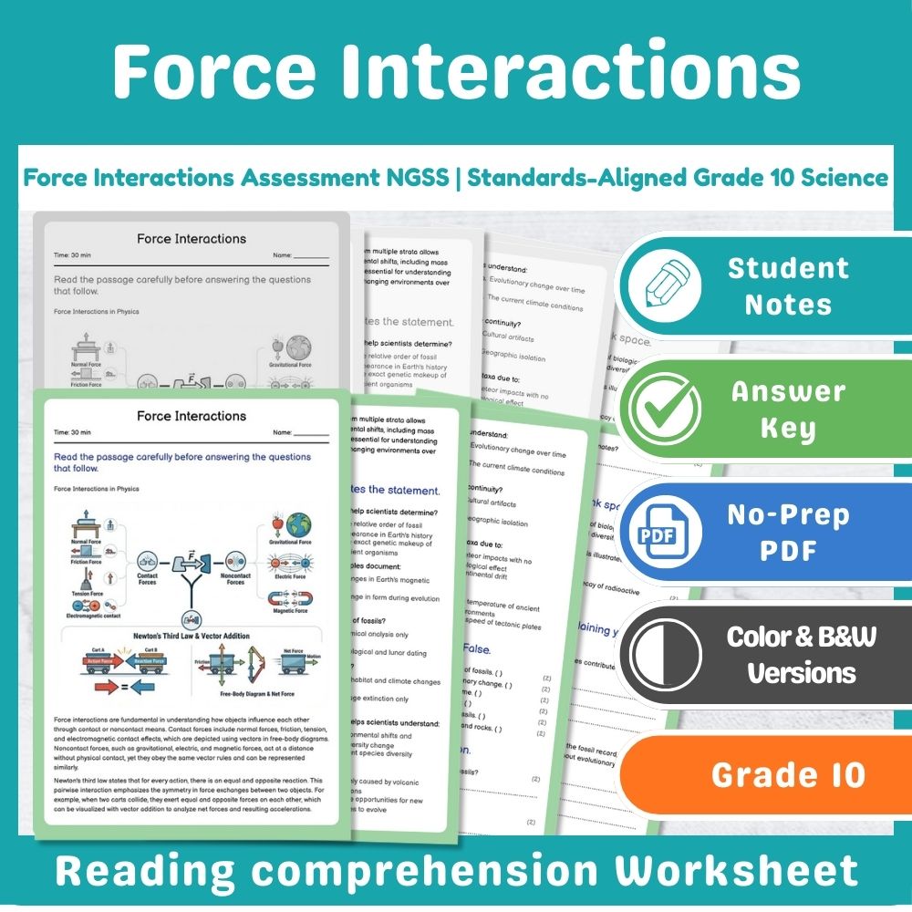 Grade 10 Science assessment worksheet — Force Interactions Assessment NGSS | Standards-Aligned Grade 10 Science