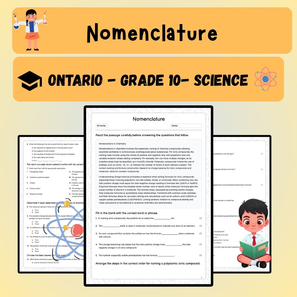 Grade 10 Science worksheet worksheet — Grade 10 Science | Nomenclature Worksheet – Chemical Naming & Formulas (PDF) — page 1