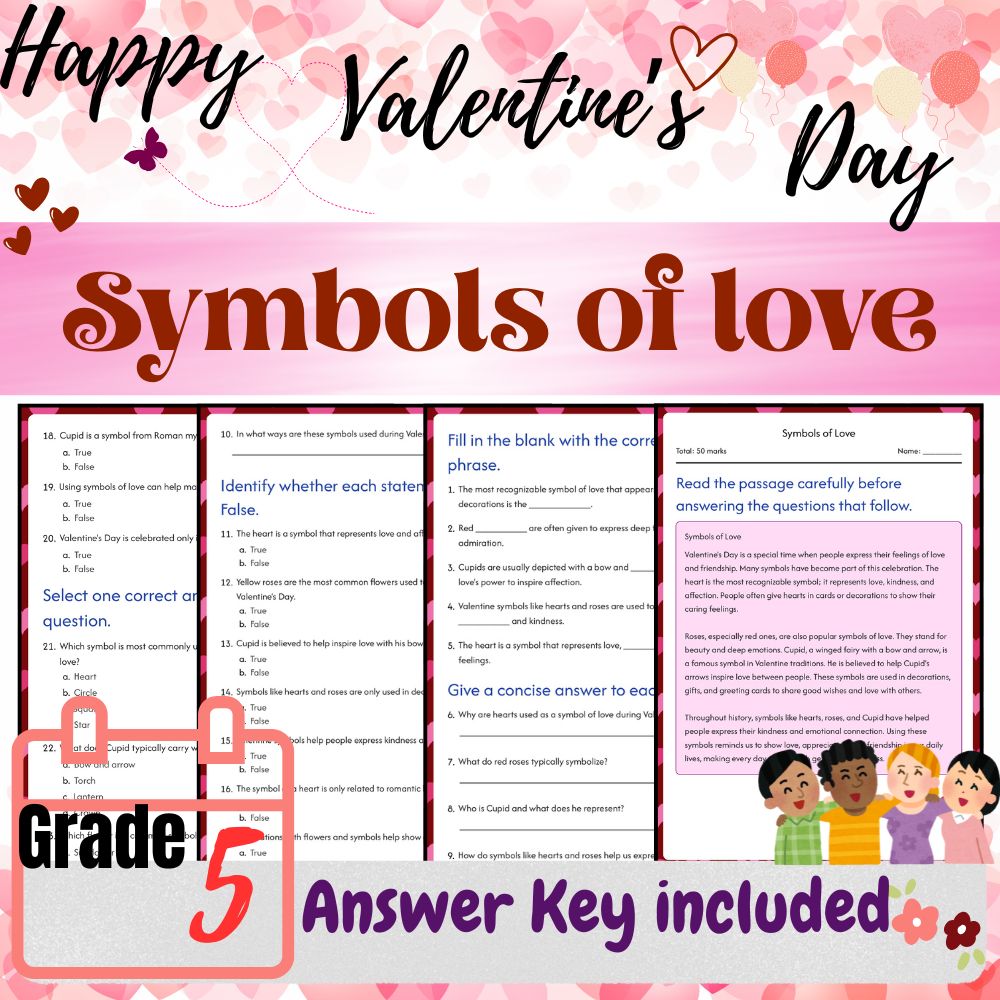 Grade 5 Seasonal Studying Bundle|Valentine's Day Symbols & Traditions Worksheets — included worksheet 1