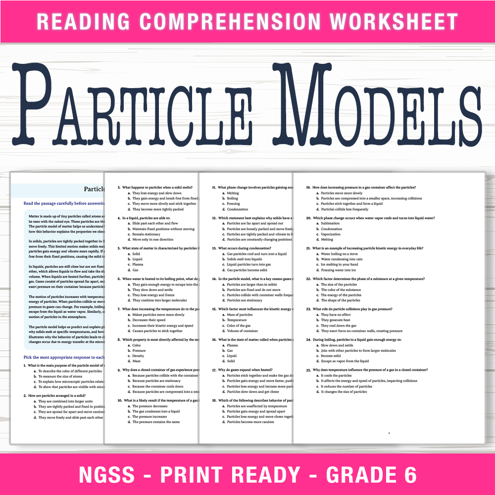 Grade 6 Science worksheet worksheet — 6th Grade Science | Particle Models Worksheet (PDF +Answer Key) — page 1