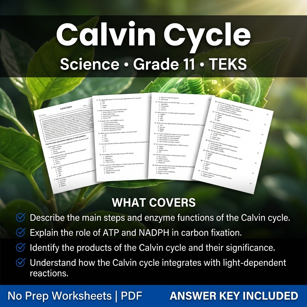 Grade 11 Science Worksheet on Calvin Cycle | TEKS Aligned Assessment