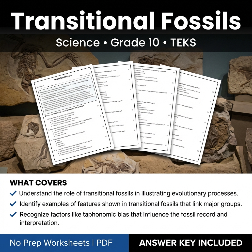 Transitional Fossils Worksheet – Grade 10 Science TEKS Practice PDF