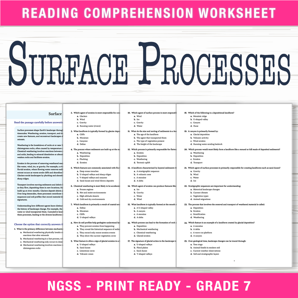Grade 7 Science worksheet worksheet — Grade 7 Science | Surface Processes Worksheet (PDF + Answer Key) — page 1