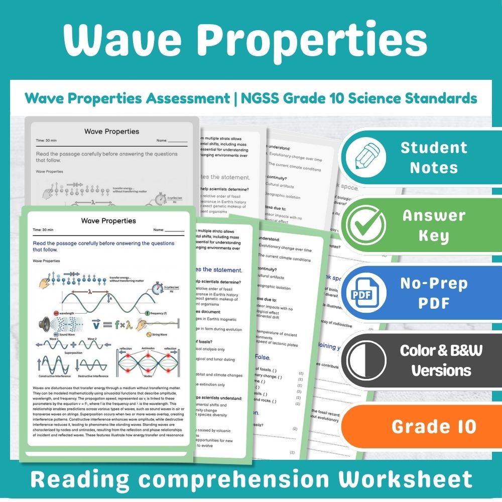 Grade 10 Science assessment worksheet — Wave Properties Assessment | NGSS Grade 10 Science Standards