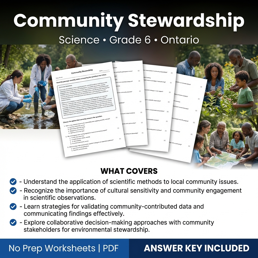 Grade 6 Science Worksheet on Community Stewardship – Ontario Standards