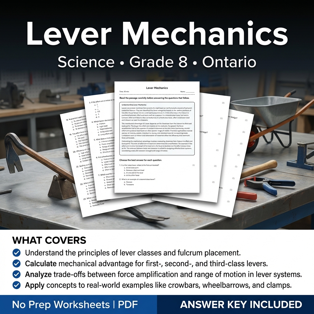 Lever Mechanics Worksheet for Grade 8 Science | Ontario Standards