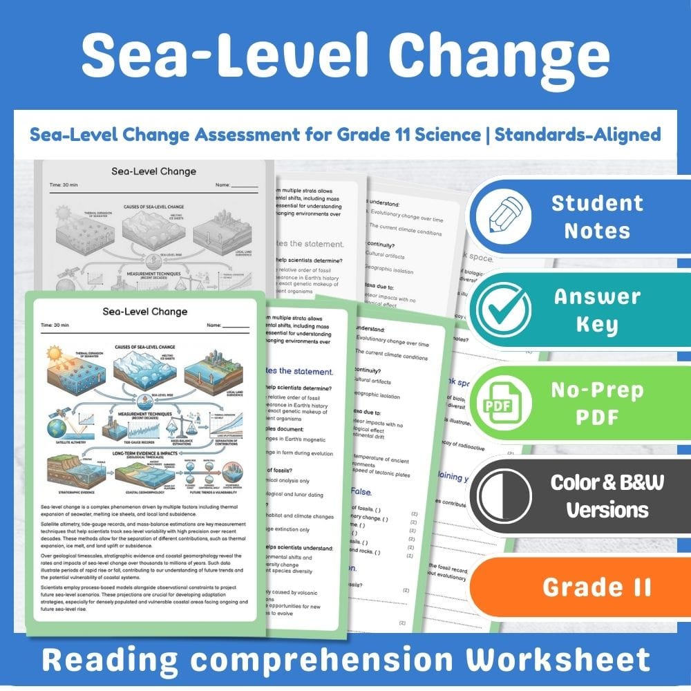 Grade 11 Science assessment worksheet — Sea-Level Change Assessment for Grade 11 Science | Standards-Aligned — page 1