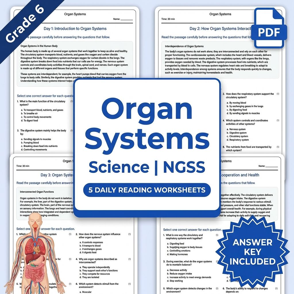 6th Grade Science | Organ Systems Daily Reading Worksheet (PDF & Answer Key)