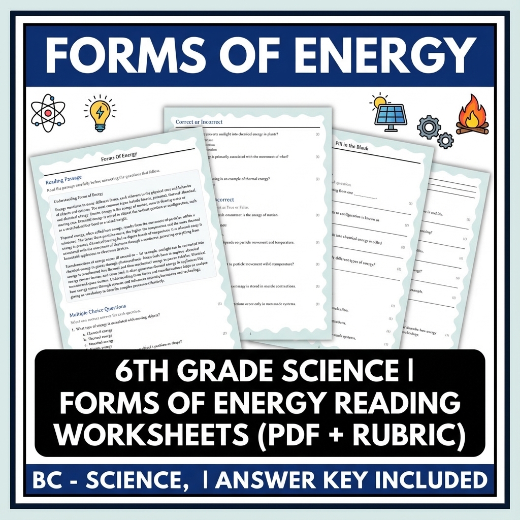 6th Grade Science | Forms of Energy Reading Worksheets (PDF + Rubric)