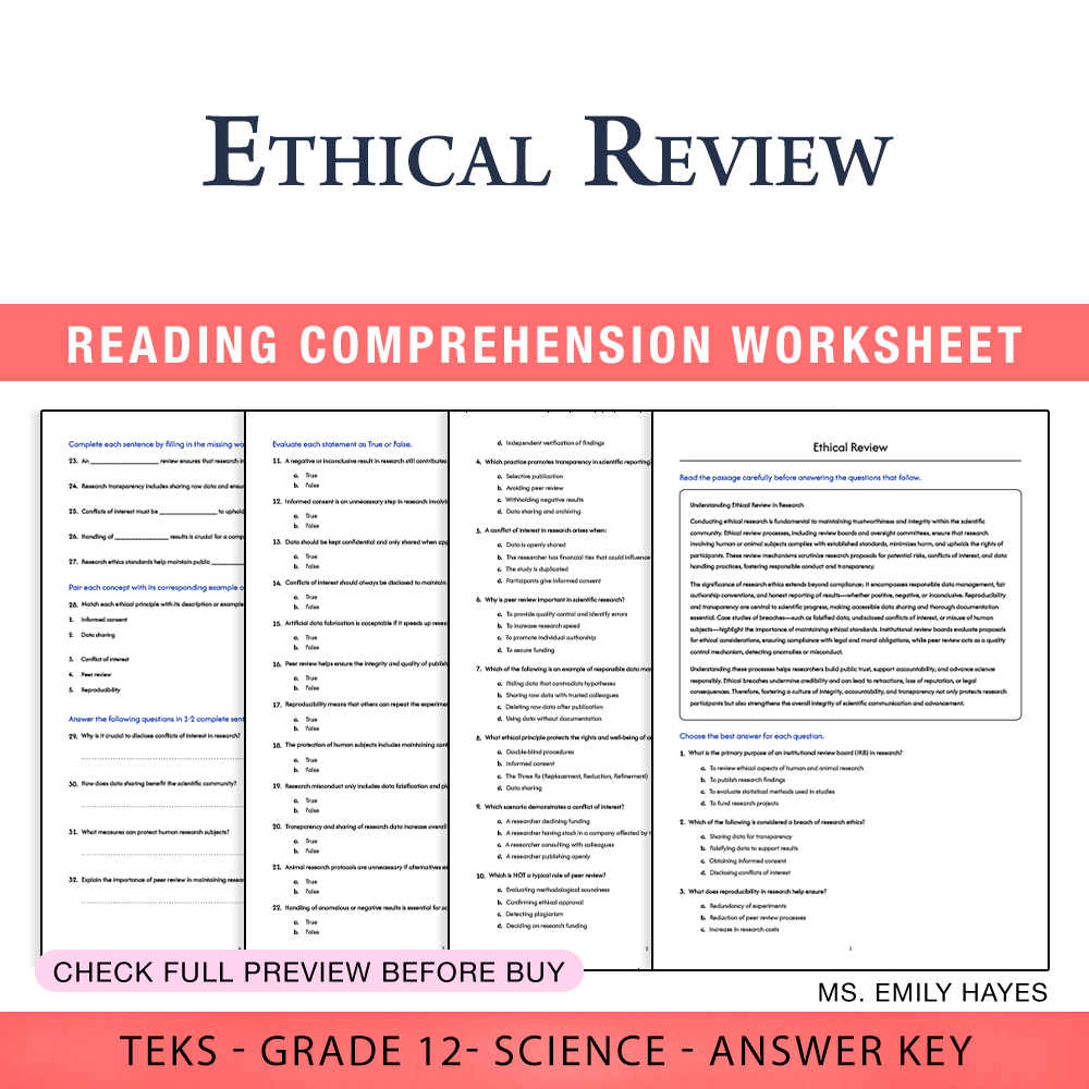 Grade 12 Science worksheet worksheet — Grade 12 Science | Ethical Review Worksheet (PDF+ Answer Key) — page 1