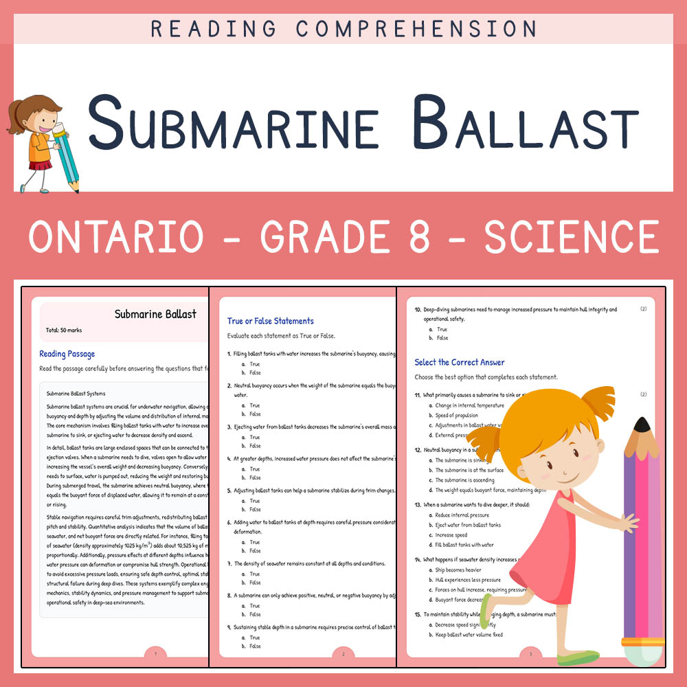 Grade 8 Science worksheet elena worksheet — Grade 8 Science Worksheet Elena | Submarine Ballast | Ontario Standards — page 1