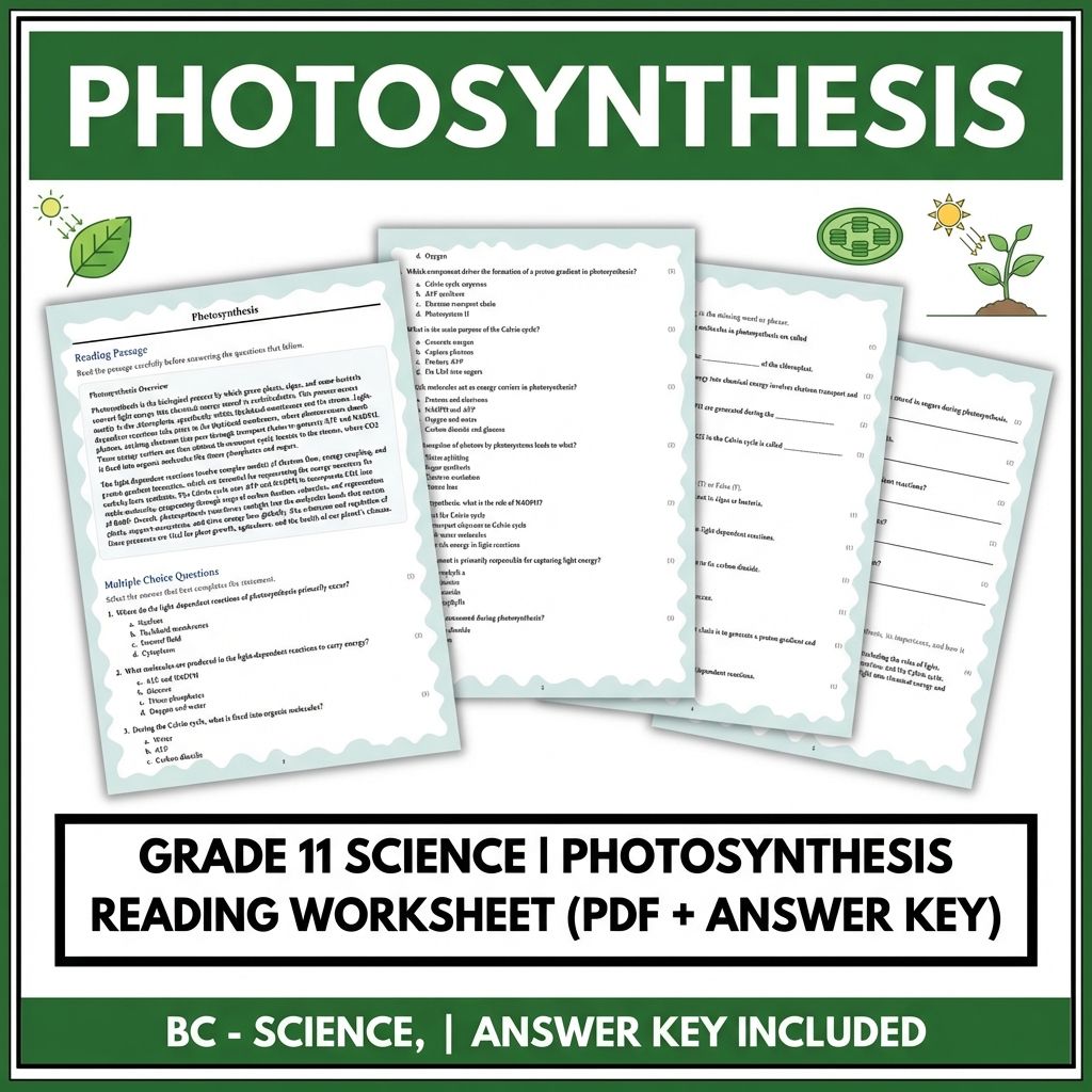 Grade 11 Science | Photosynthesis Reading Worksheet (PDF + Answer Key)