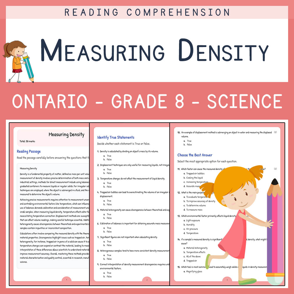 Grade 8 Science worksheet elena worksheet — Grade 8 Science Assessment | Measuring Density Worksheet Elena | Ontario — page 1