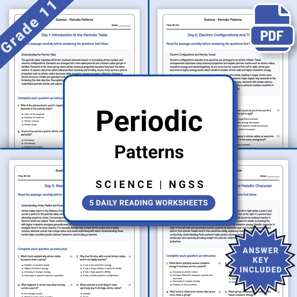Grade 11 Science daily reading worksheet worksheet — Grade 11 Science – Periodic Patterns Worksheet(PDF +Answer Key) — page 1