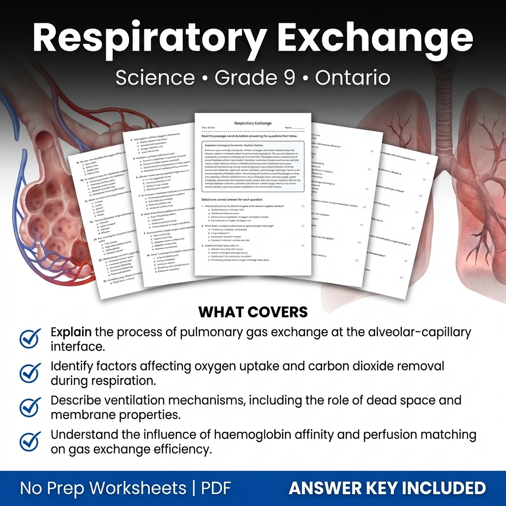 Respiratory Exchange Worksheet for Grade 9 Science | Ontario Standards