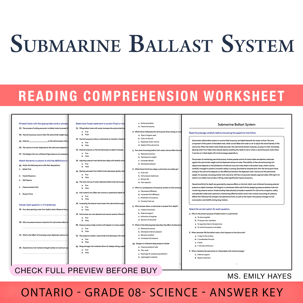 Grade 8 Science worksheet worksheet — Grade 8 Science | Submarine Ballast System Worksheet (PDF+ Answer Key) — page 1